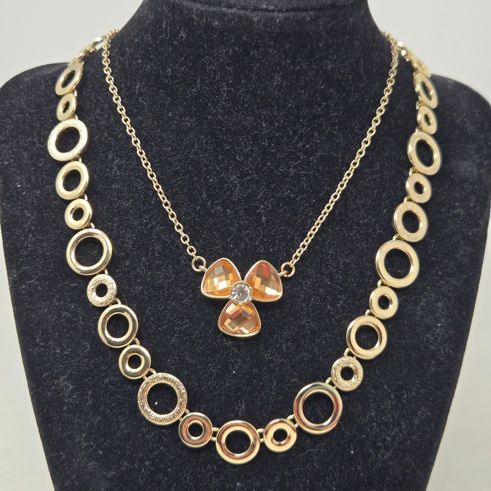 Anne Klein Lot of 2 Gold Tone Necklace Set Amber Stone Flower Circle Link Chain